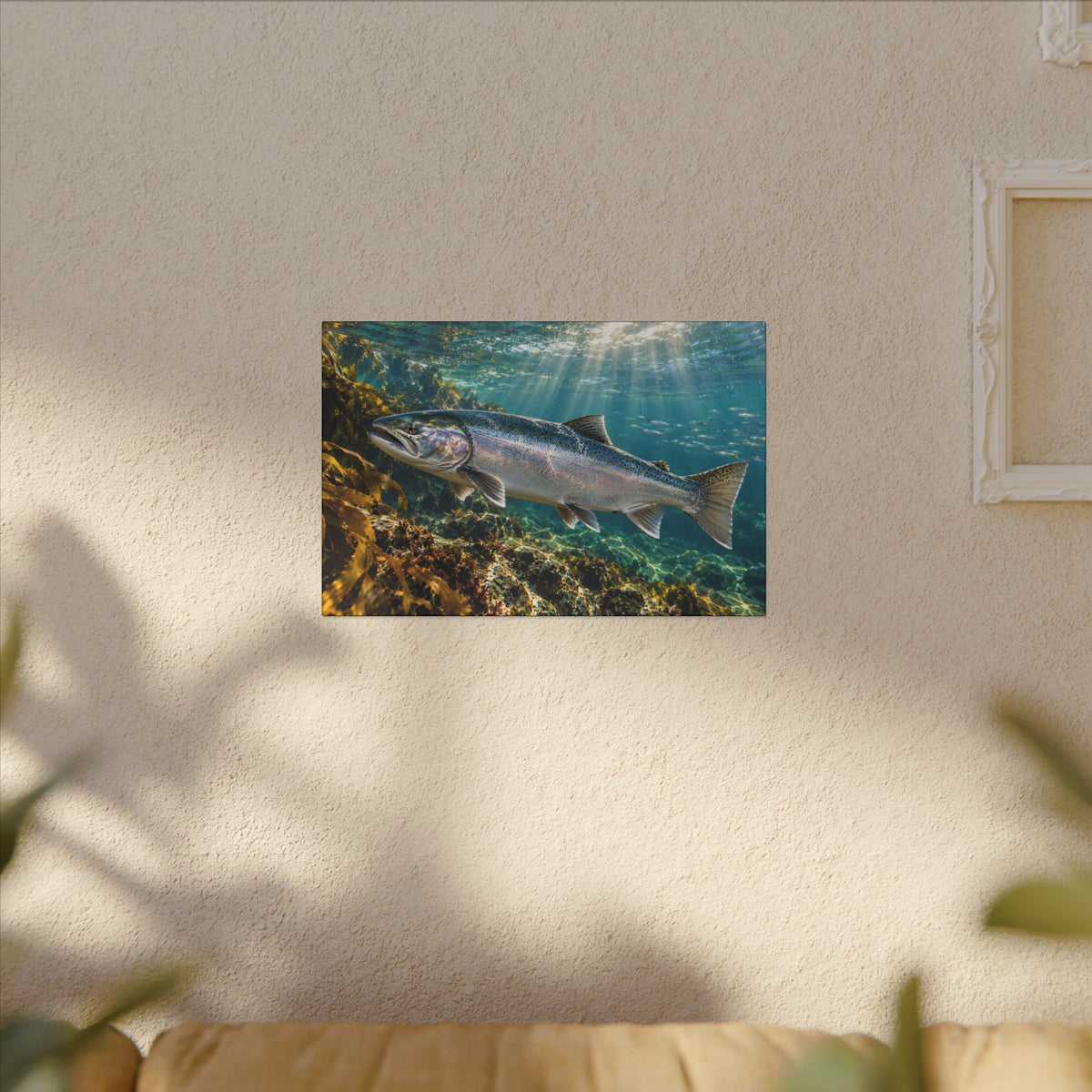 Silver in the Tide Coho Salmon canvas hanging in a living room