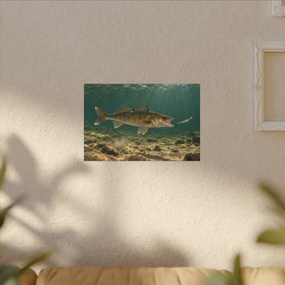 Jig and Minnow Strike Walleye canvas hanging in a living room