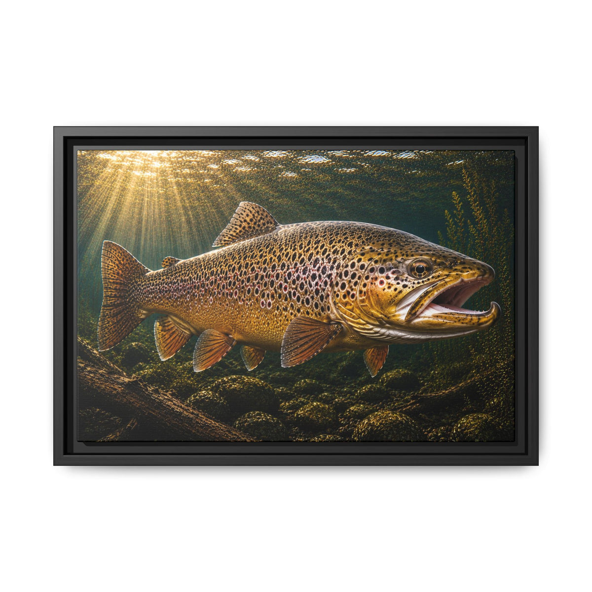 Over the Rocks at Sunrise Brown Trout framed canvas wall art, view 2