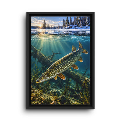 Winter Pike Beneath the Ice framed canvas wall art
