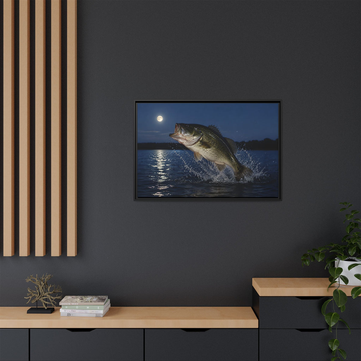 Moonlit Jump Largemouth Bass framed canvas in a home office