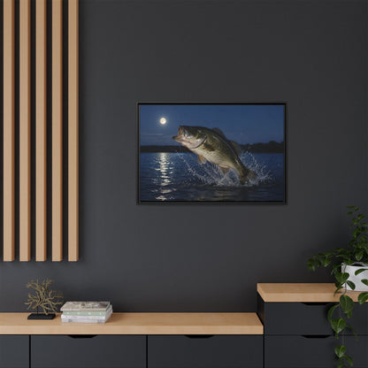 Moonlit Jump Largemouth Bass framed canvas in a home office