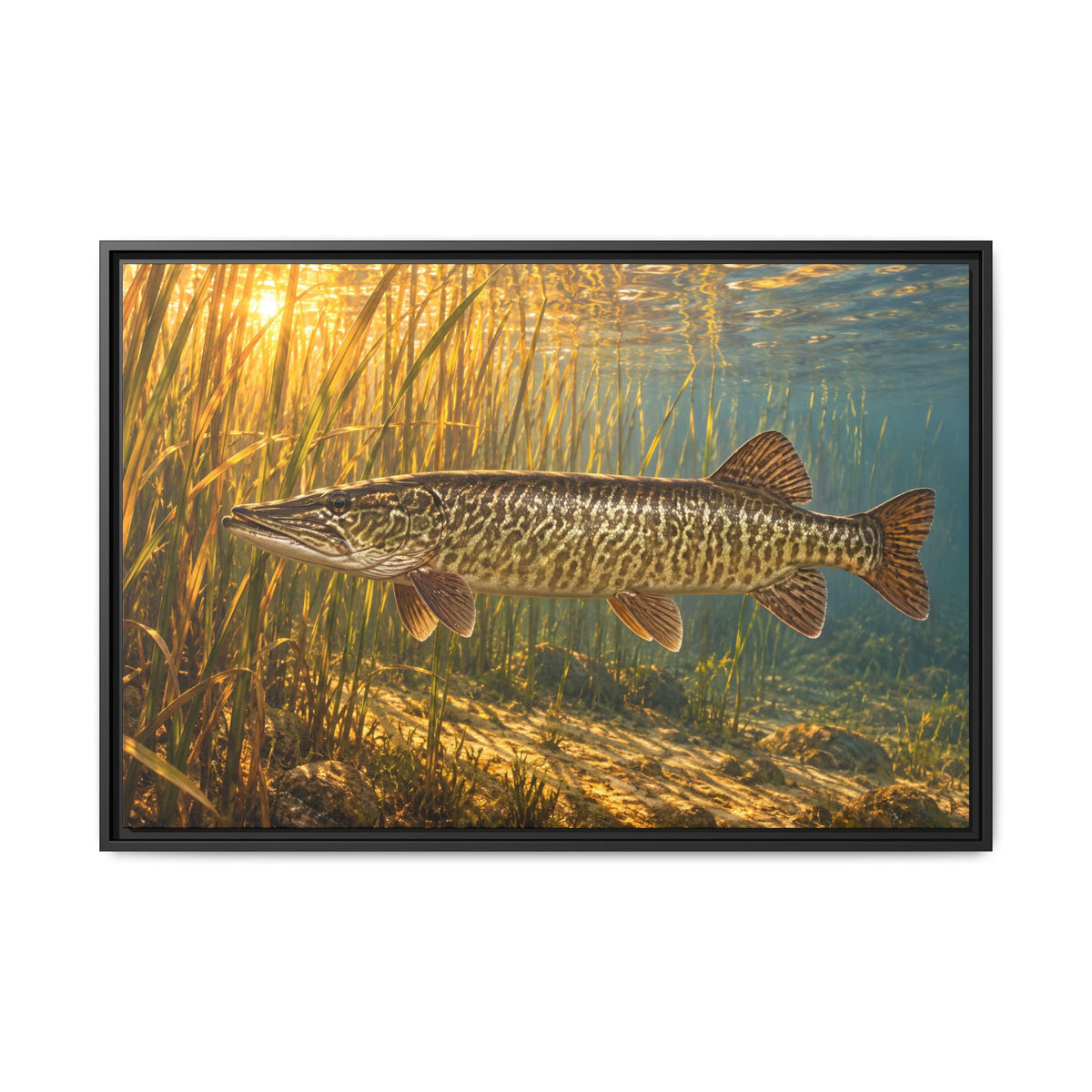 A trophy tiger muskie cruises a golden reed bed at sunrise, fishing wall art framed canvas