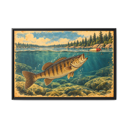 Vintage-style art of a smallmouth rising to a red-and-white topwater plug, fishing wall art framed canvas