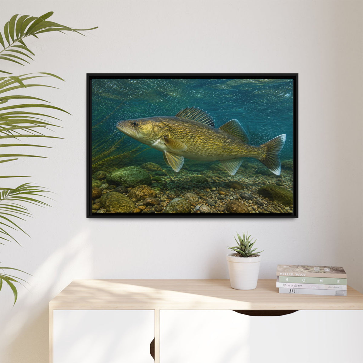 Current Seam Walleye framed canvas hanging in a living room