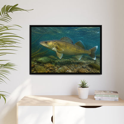 Current Seam Walleye framed canvas hanging in a living room