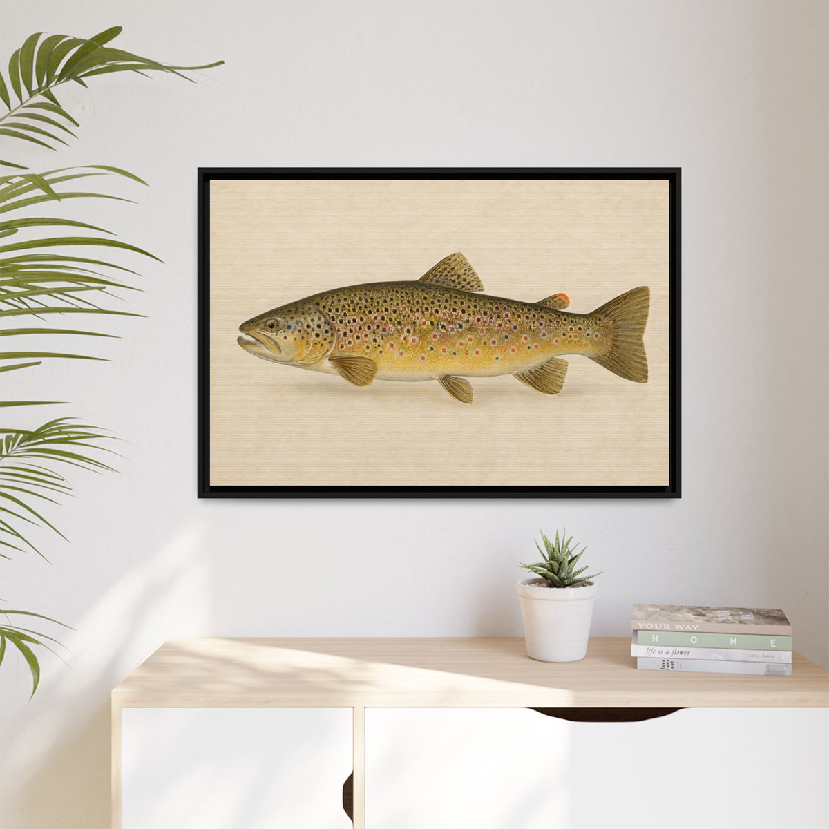 Brown Trout Field Study framed canvas hanging in a living room