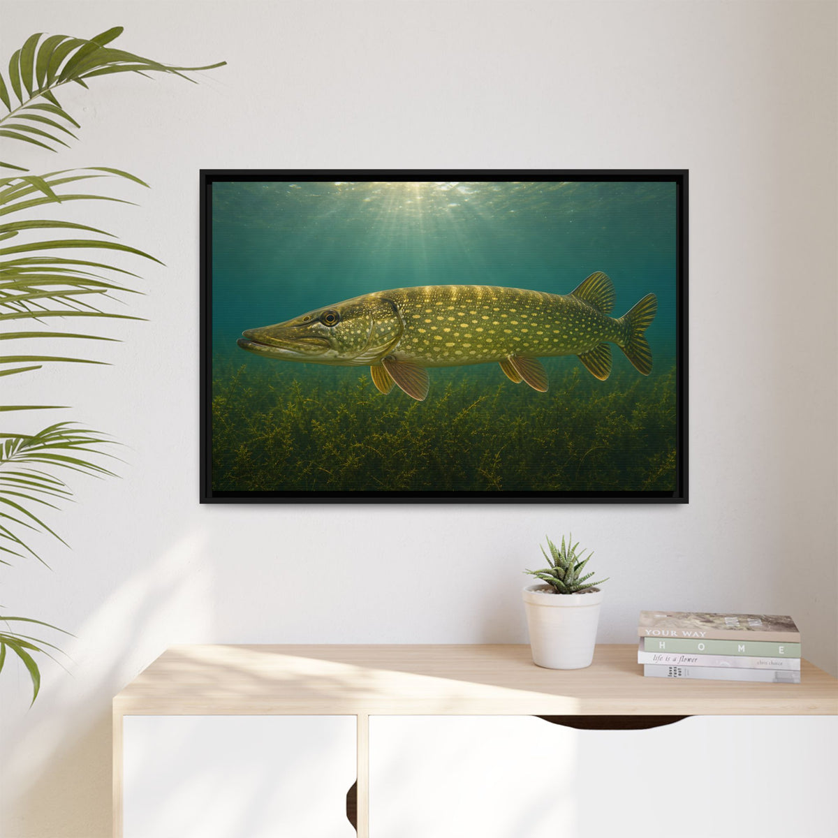 Over the Weed Bed Northern Pike framed canvas hanging in a living room