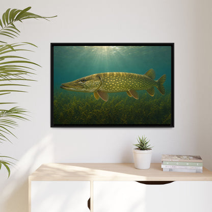 Over the Weed Bed Northern Pike framed canvas hanging in a living room