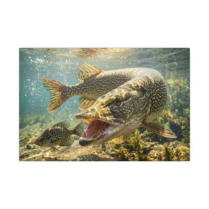 A northern pike strikes at a crappie in clear water, fishing wall art canvas