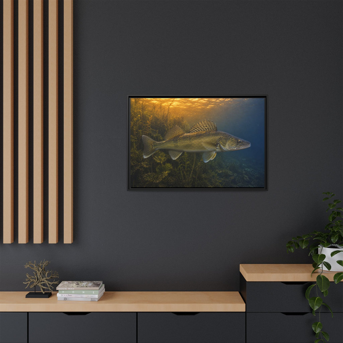 Dusk Weed Edge Walleye framed canvas in a home office