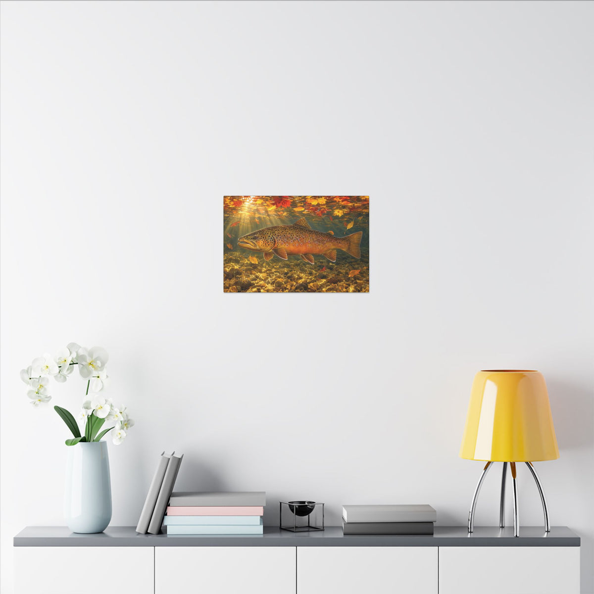 October Kype Brown Trout canvas in a home office