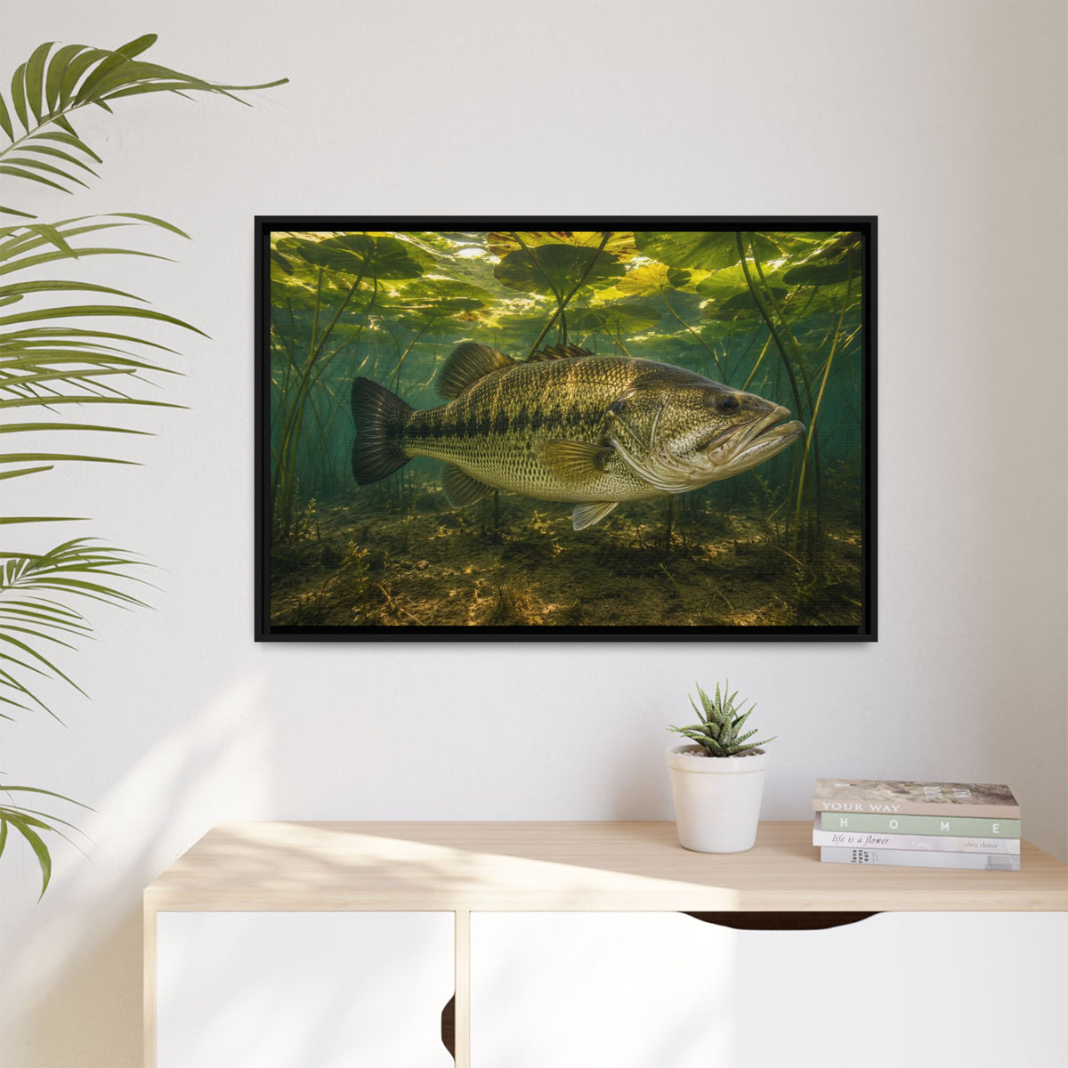 Lily Pad Shade Largemouth Bass framed canvas hanging in a living room