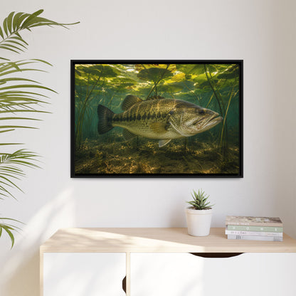 Lily Pad Shade Largemouth Bass framed canvas hanging in a living room