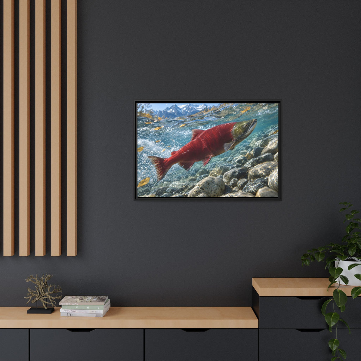 Crimson Ascent Sockeye Salmon framed canvas wall art, view 6