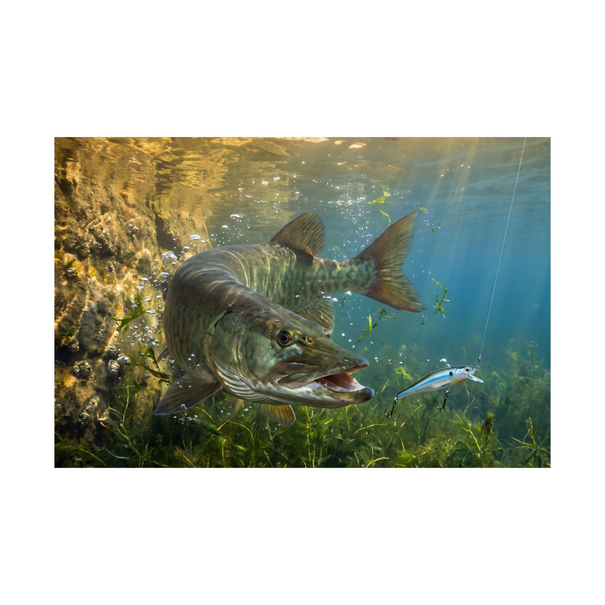 Daylight Lure Strike Muskie Poster — Trophy Underwater Wall Art for Anglers
