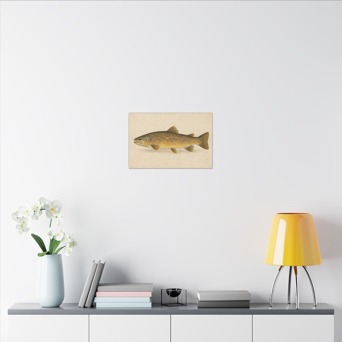 Brown Trout Field Study canvas in a home office