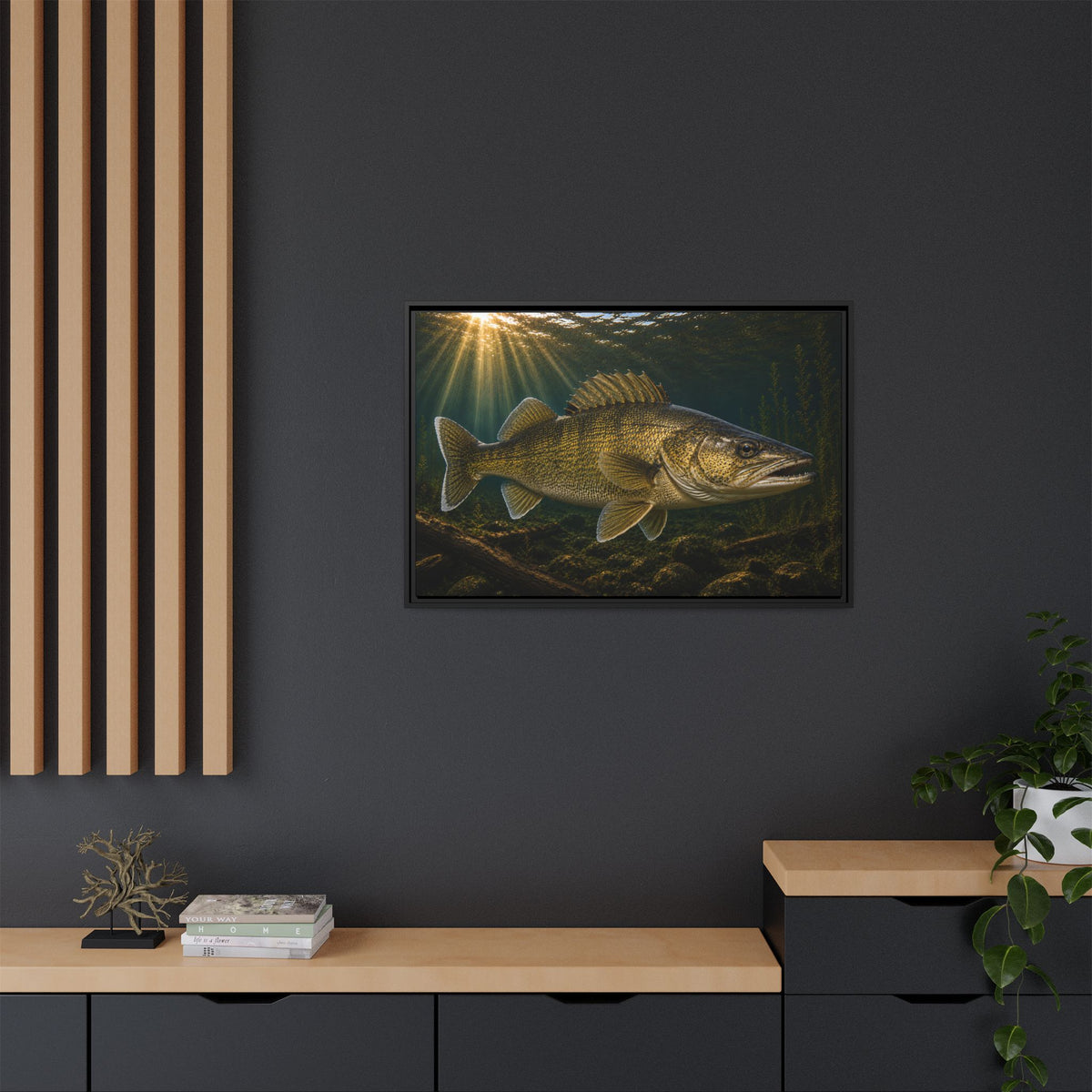 Golden Sunbeams Walleye framed canvas in a home office