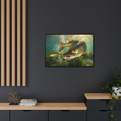 Yellow Perch Chase Muskie framed canvas in a home office