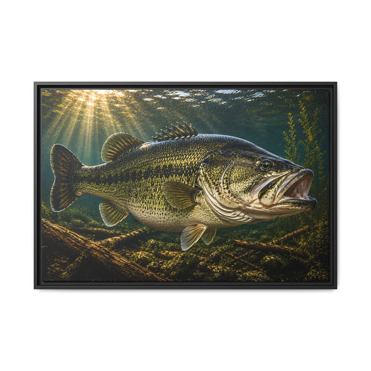 Sunken Timber Glide Largemouth Bass framed canvas, 18x12 size view