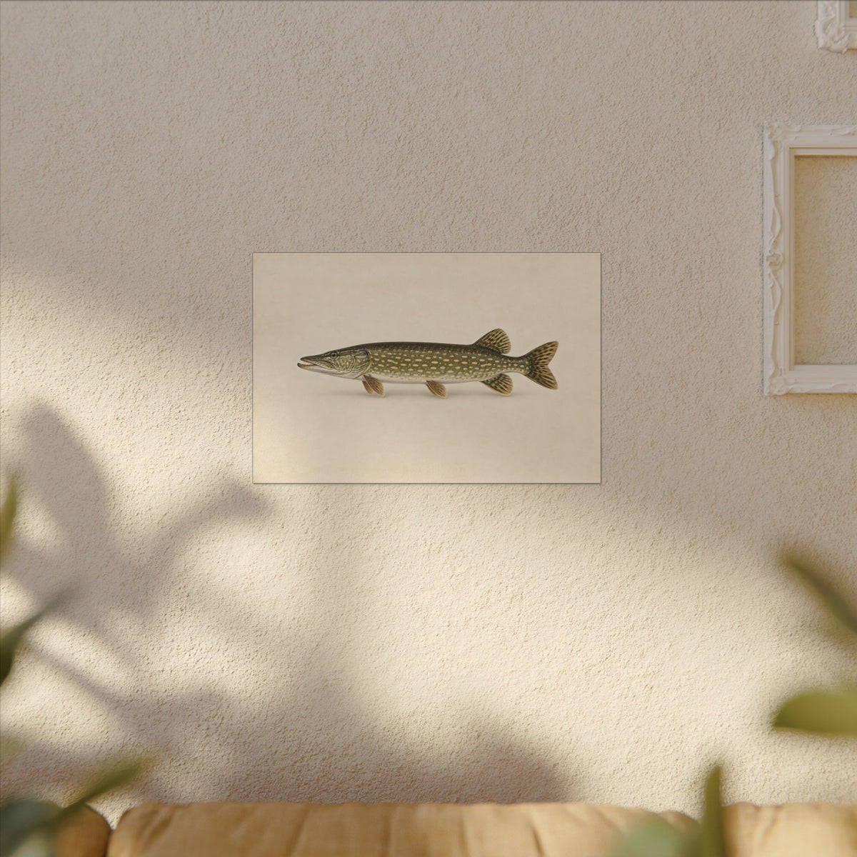 Northern Pike Field Study canvas hanging in a living room