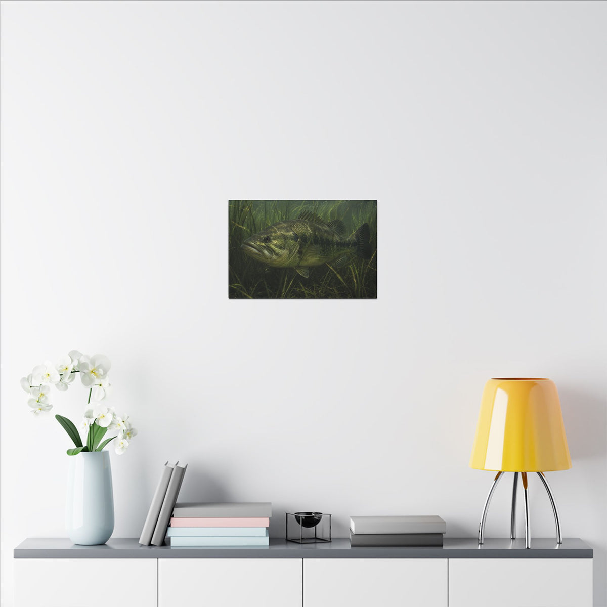 Grass Bed Ambush Largemouth Bass canvas in a home office