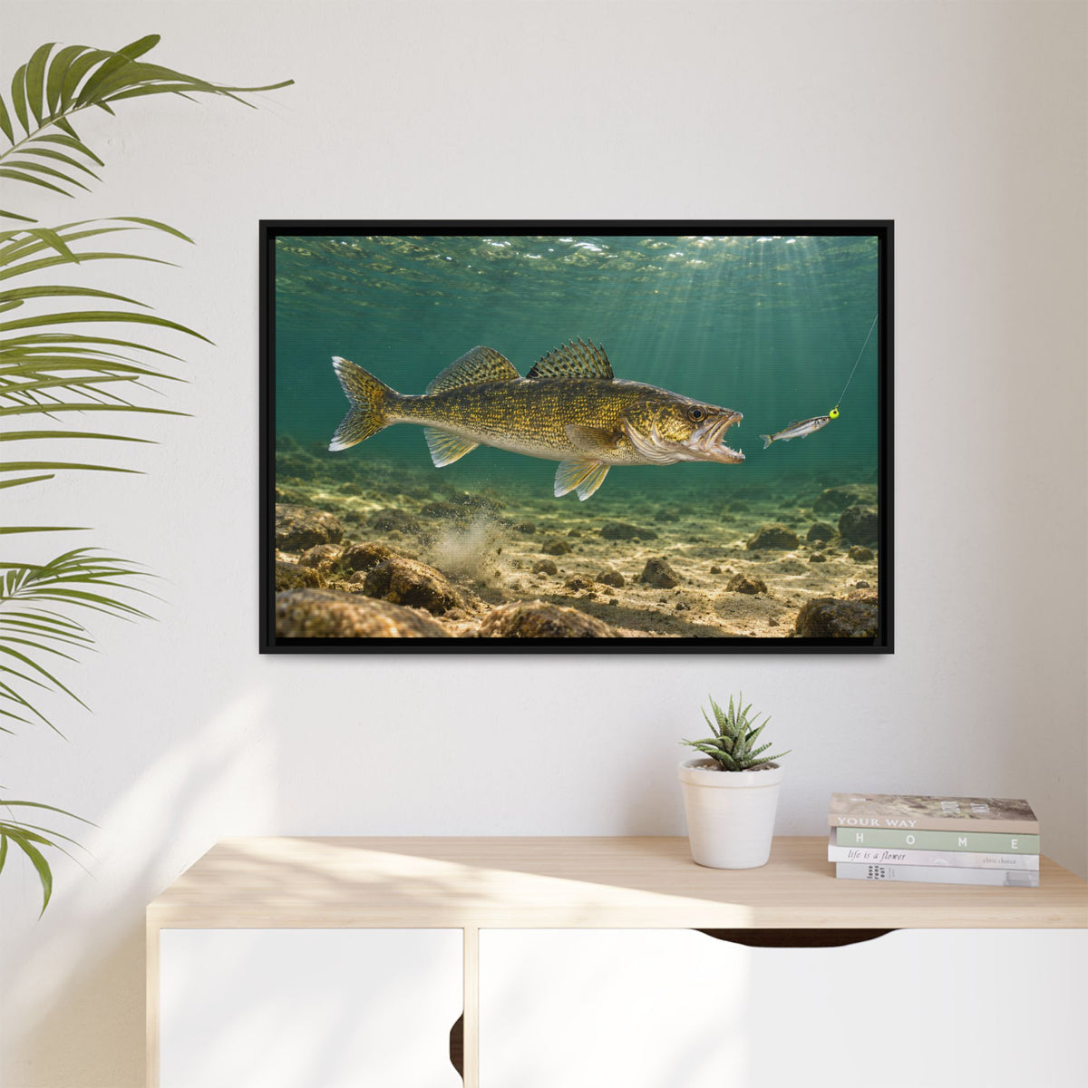 Jig and Minnow Strike Walleye framed canvas hanging in a living room