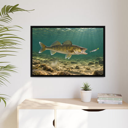 Jig and Minnow Strike Walleye framed canvas hanging in a living room
