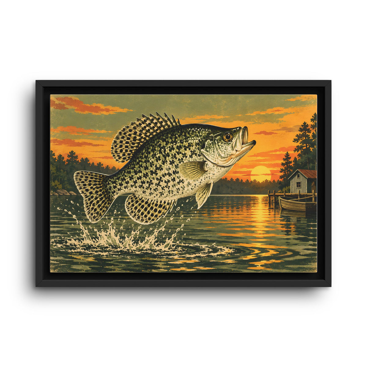 Sunset Camp Crappie framed canvas wall art
