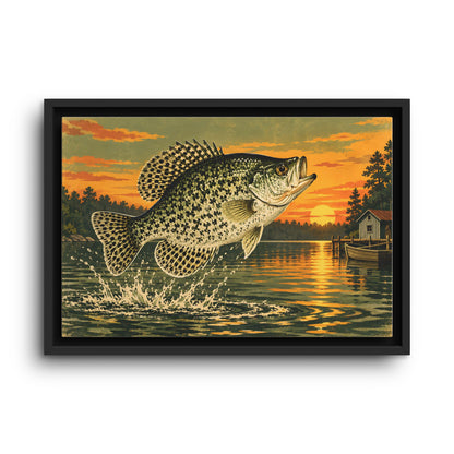 Sunset Camp Crappie framed canvas wall art