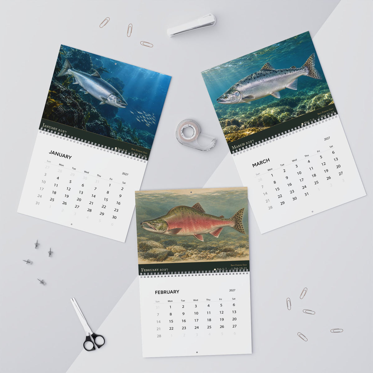 2027 Salmon Wall Calendar — Fish Art with Best Fishing Days