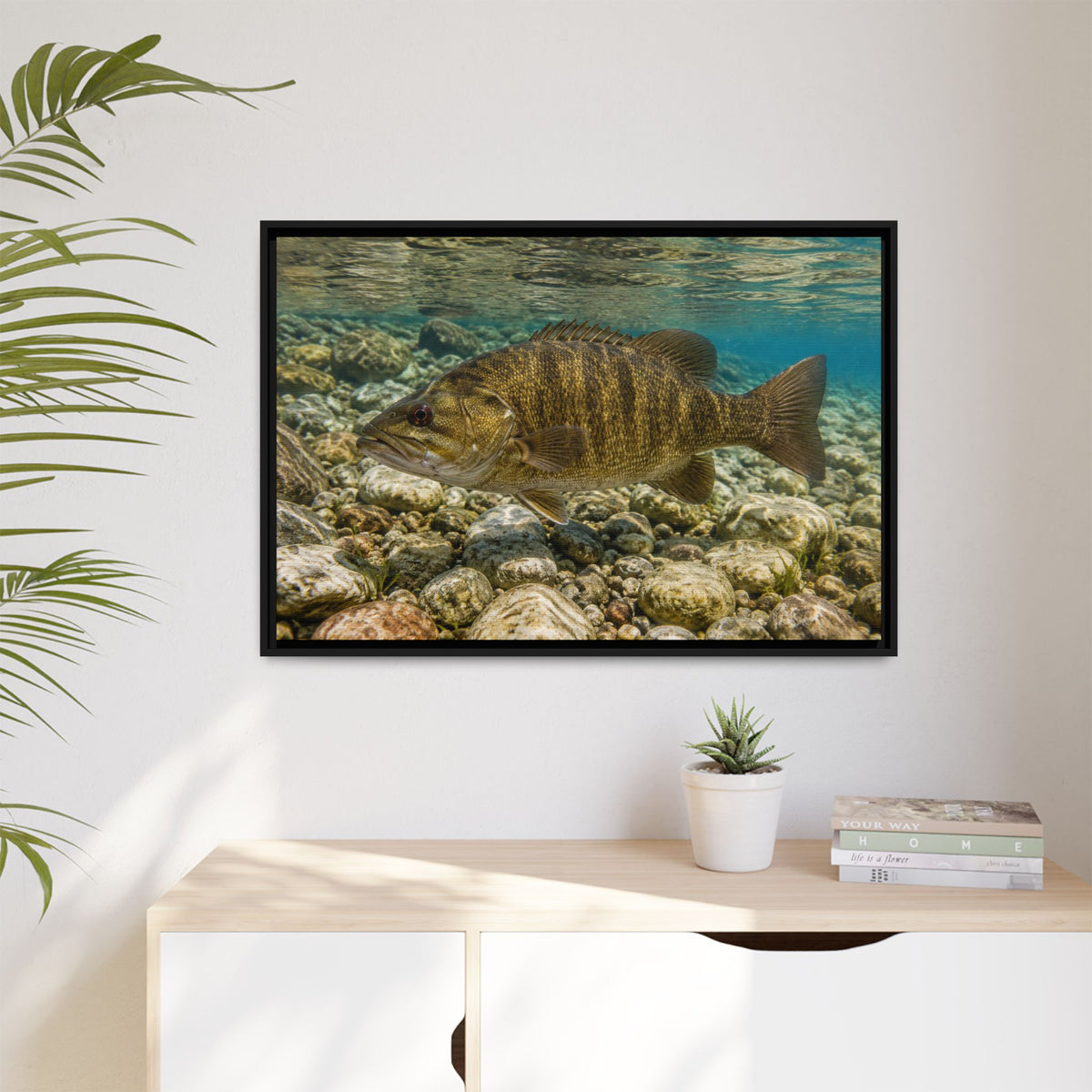 Rocky Riverbed Smallmouth Bass framed canvas wall art, view 5