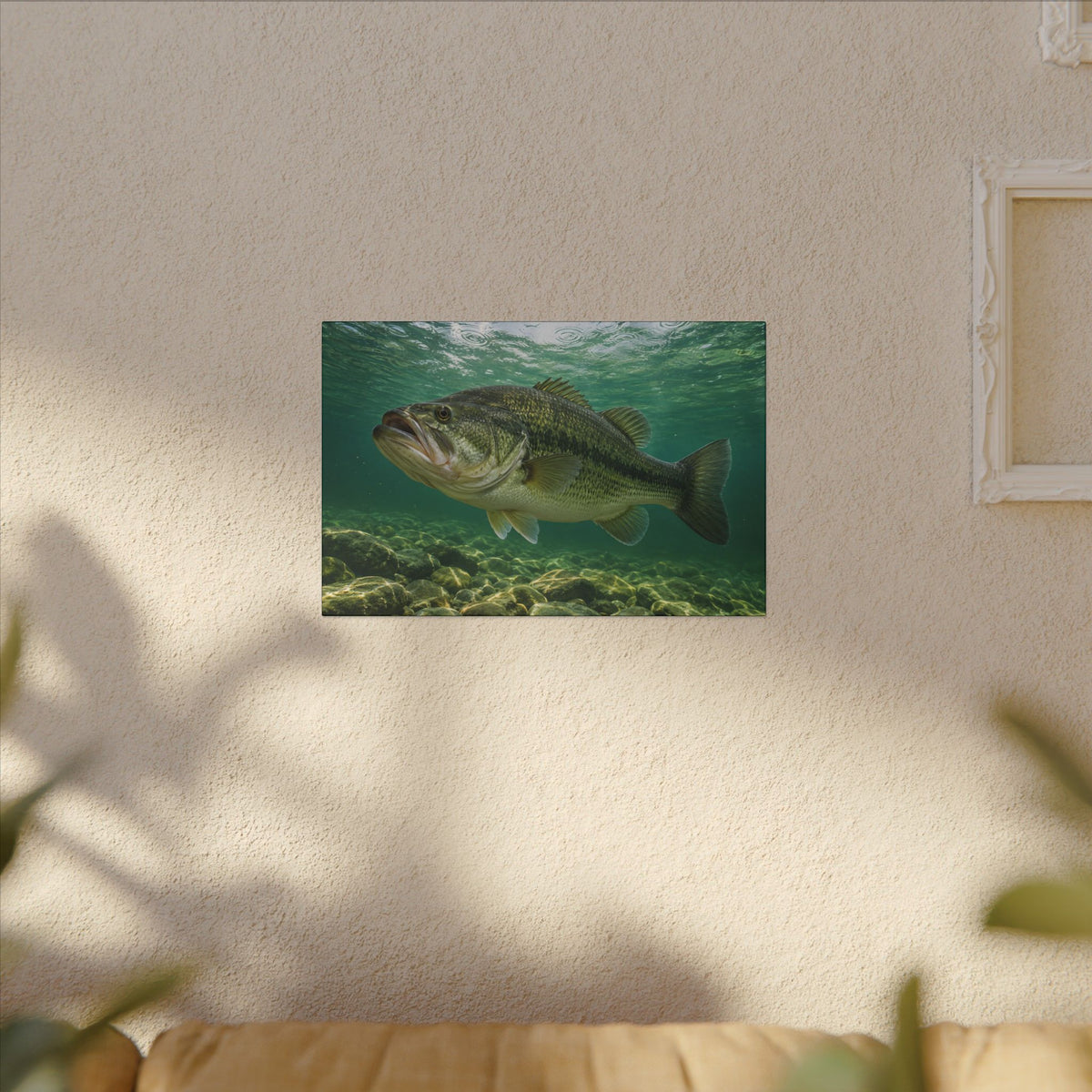 Emerald Rainlight Largemouth Bass canvas hanging in a living room