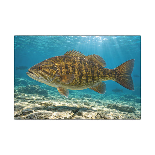 A giant smallmouth in clear turquoise Great Lakes water over limestone, fishing wall art canvas