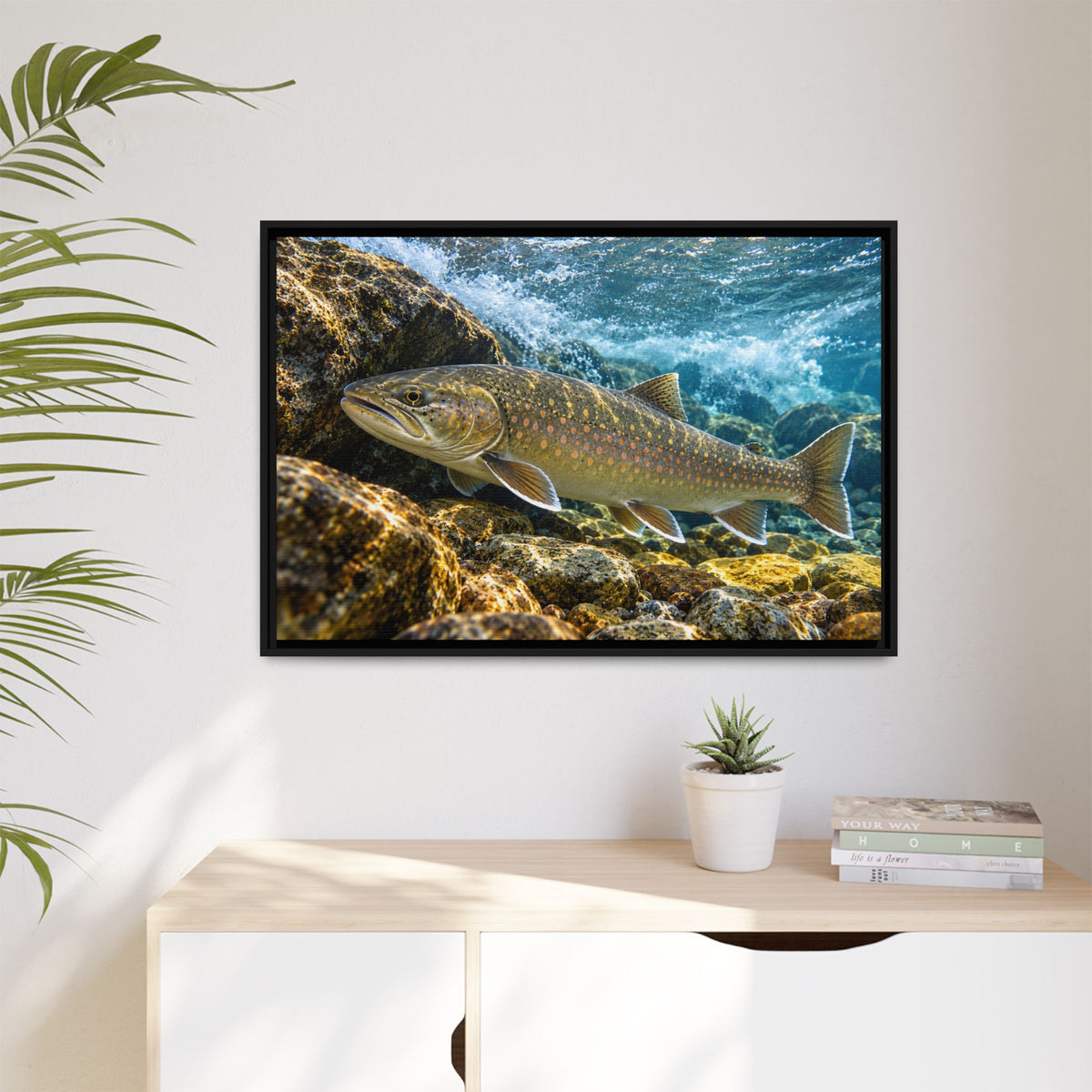 River Ambush Bull Trout framed canvas hanging in a living room