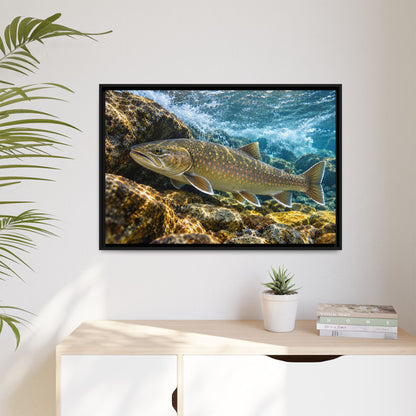 River Ambush Bull Trout framed canvas hanging in a living room