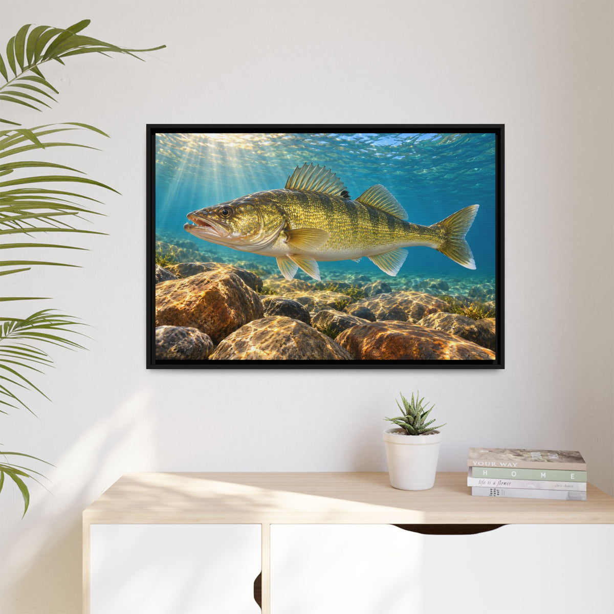 Golden Rock Reef Walleye framed canvas hanging in a living room