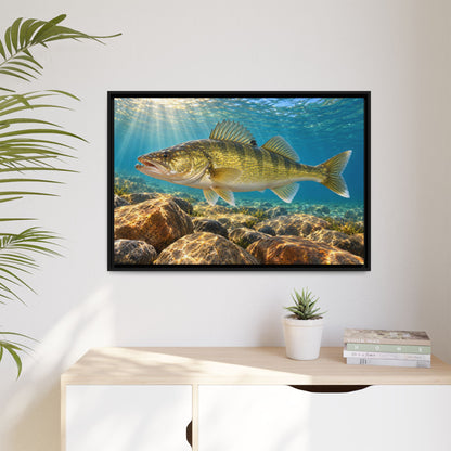 Golden Rock Reef Walleye framed canvas hanging in a living room