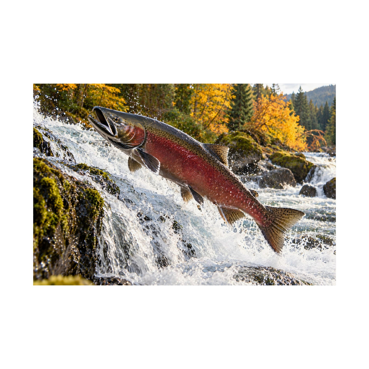 Autumn Run Leap Coho Salmon fishing poster close-up