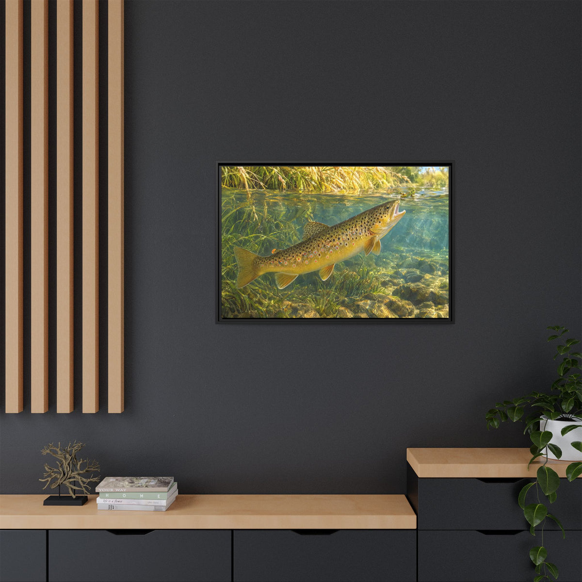 Hopper Season Brown Trout framed canvas in a home office