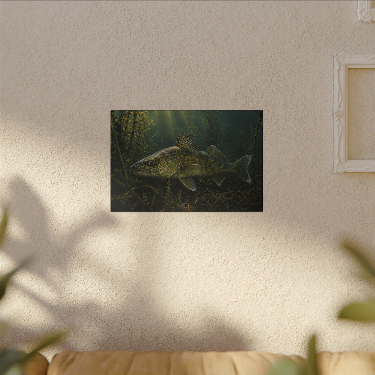 Weed Line Walleye canvas hanging in a living room