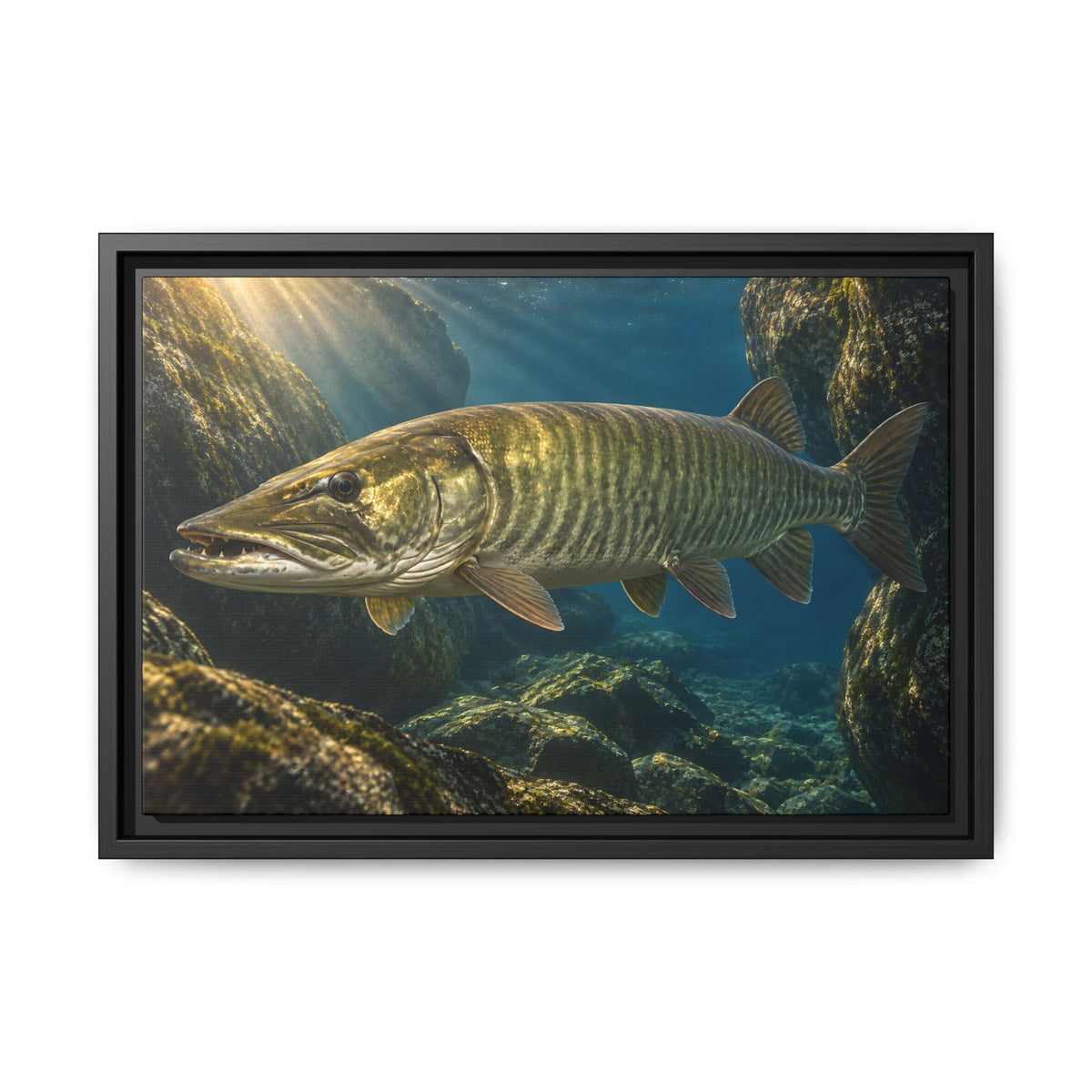 Boulder Cave Ambush Muskie framed canvas, 24x16 size view