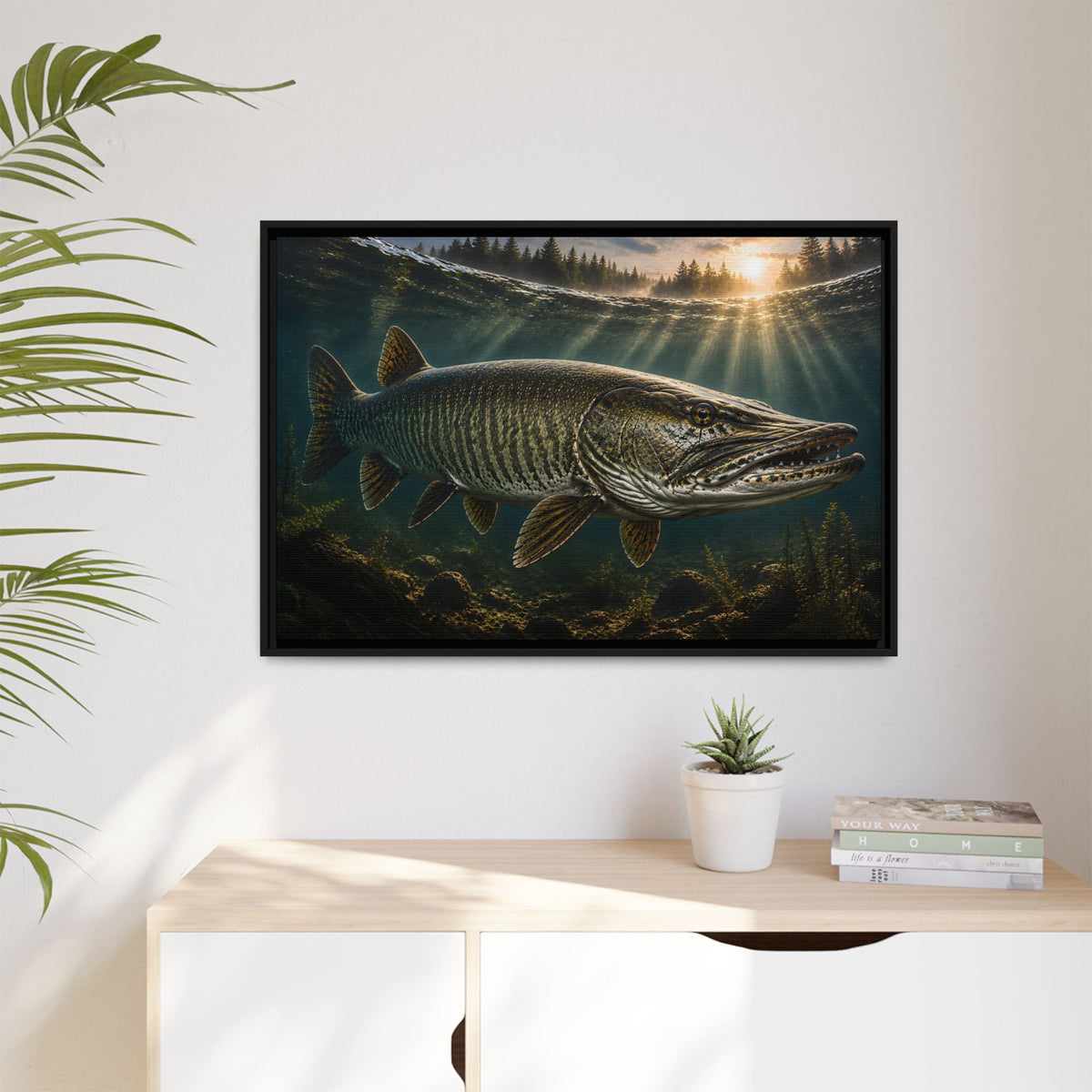 The Ghost Muskie framed canvas hanging in a living room