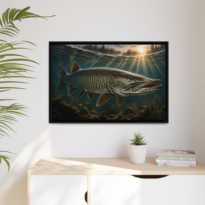The Ghost Muskie framed canvas hanging in a living room
