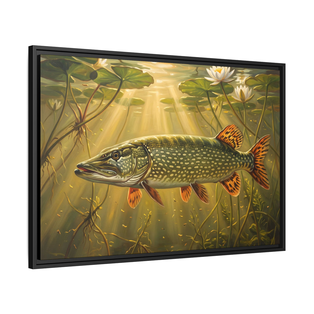 Lily Pad Dawn Northern Pike framed canvas, side angle