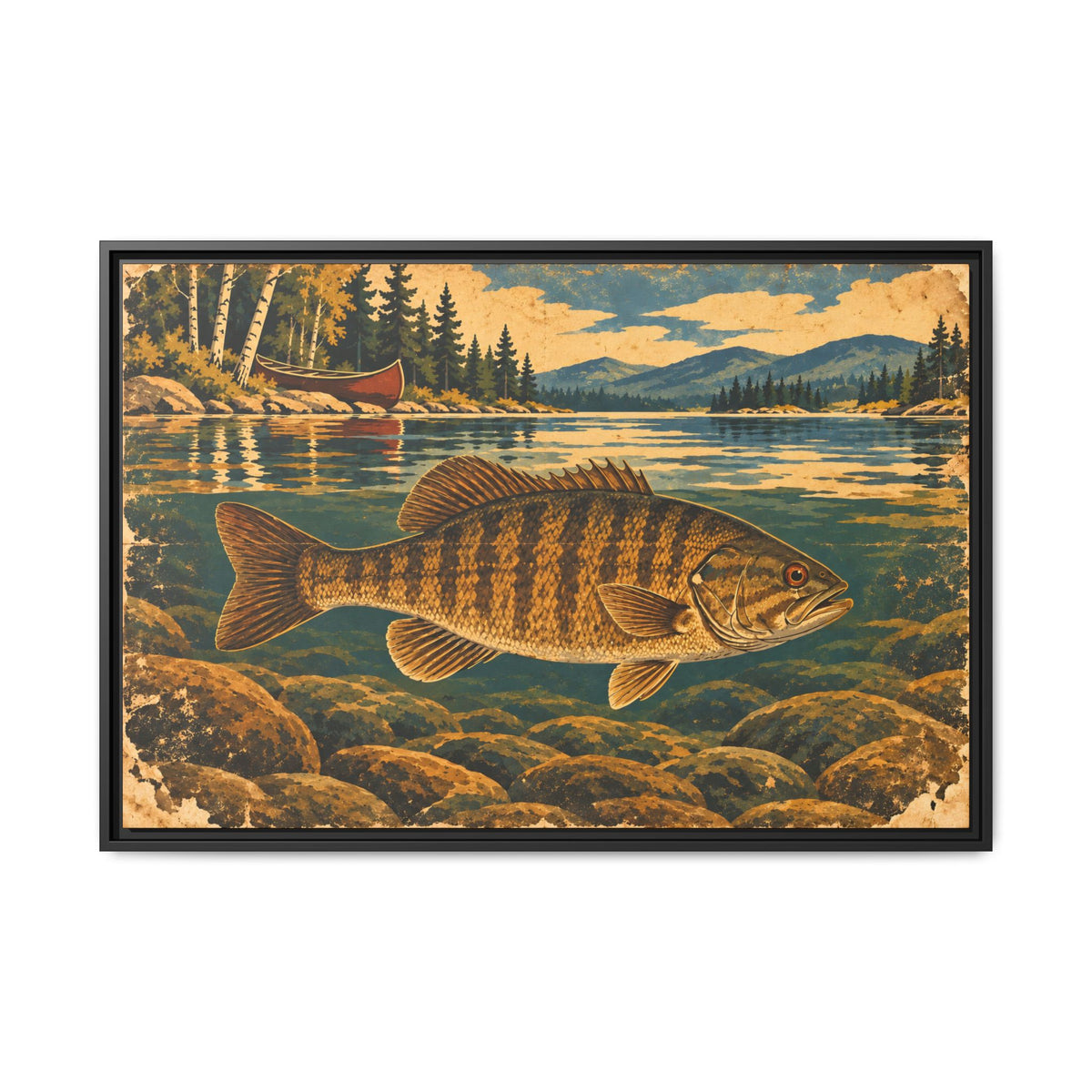 Retro lodge-style art of a smallmouth bass below birches and a red canoe, fishing wall art framed canvas