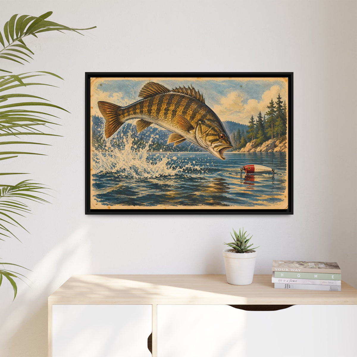 Antique Tackle Leaping Smallmouth Framed Canvas wall art, view 5