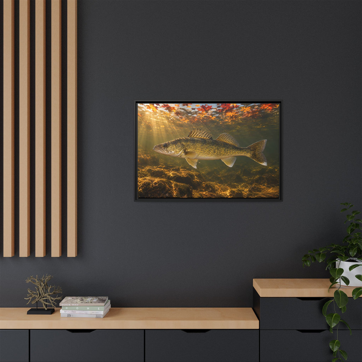 Autumn Turnover Walleye framed canvas in a home office
