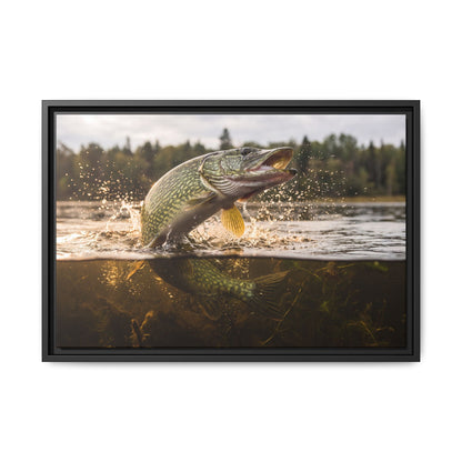 Boatside Battle Northern Pike framed canvas, 36x24 size view