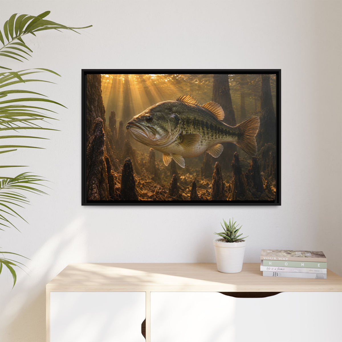 Sunrise Over the Cypress Knees Largemouth Bass framed canvas hanging in a living room